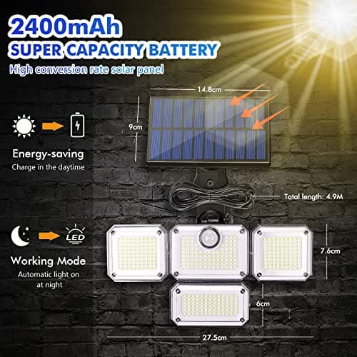 2 Pièces Lampe Solaire Extérieur avec Détecteur de Mouvement, [333LED/3Modes] Projecteur Solaire Extérieur IP65 Étanche Lumière Spot LED Solaire,Angle d'éclairage 240°avec Télécommande,Câble 5M