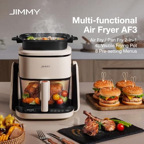 Jimmy Air Fryer et Poêle à Frire 2 en 1, Friteuse à air Transparente Fenêtre Visible 4L, écran Tactile, 8 Programmes de Cuisson, 1100W Friteuse sans Huile, Température et Durée Réglables, AF3