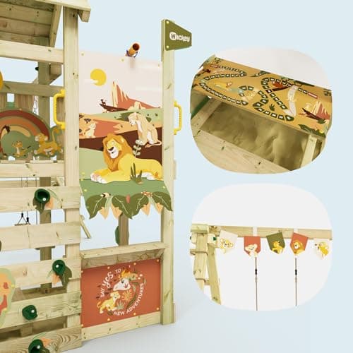Disney Le Roi Lion Story Aire de Jeux de Wickey - Structure d'escalade, Tour d'escalade, Jeux de Jardin pour Enfants - Aire de Jeux extérieure en Bois avec bac à Sable