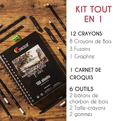 Kit de Dessin Complet - Debutant ou Professionnel - 19 accessoires : 8 Crayon Papier, 3 Crayons Charbon, 1 Graphite, 3 Bâtons Charbon, Carnet de Dessin 100 Pages - Cadeau Artistes Tous Niveaux