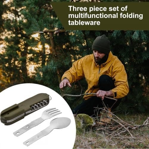 Dokeno 2 Pièces Vaisselle Pliante en Acier Inoxydable, Couverts de Camping Portable avec Sac Oxford, Couvert Multifonction Camping pour la Randonnée en Plein Air, Pique-Nique, Voyage