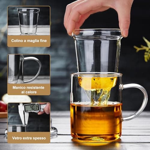 MEISINNI Tasse à Thé en Verre avec Infuseur et Couvercle, 480 ml Tasse à Thé avec Infuseur, Mug Transparent, Tasse en Verre, Cup pour Thé en Fleurs et en Vrac, Compatible avec Cuisinière à Gaz