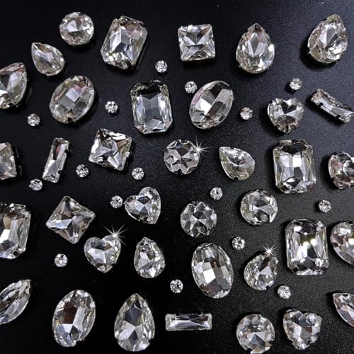 Yixinly 245 Pcs Strass à Coudre, 10 Formes Gros Strass pour Couture avec Griffe, Strass Vetement a Coudre, Verre Gemmes de Couture en Verre pour Vêtements DIY Artisanat, Chaussures (Blanc)