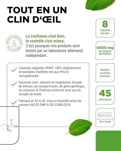 L-Arginine - 365 gélules végétaliennes - Premium : 4500 mg de L-arginine pure par dose journalière - Fabriqué par fermentation végétale - Hautement dosé - Vegan