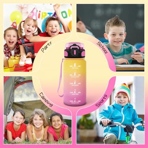Gourde Enfant, Gourde 500ml avec Paille, Gourde Plastique avec Slogan de Motivation, Gourde Heure anti Fuite, Facile à Nettoyer, Bouteille Paille pour Extérieur, Randonnée, Maternelle, Jaune-Rose