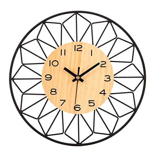 VIVILINEN Horloge Murale Bois Massif Métal 30cm Horloge Murale Silencieuse sans Tic-Tac Salon Chambre Cuisine Bureau Grande Pendule Murale Bois Naturel Moderne Classique