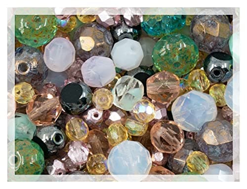 25g Gentle Mix of Faceted Fire Polished Czech Glass Beads (Round, Rondelle etc) 4-10mm, Light Pink Teal Yellow Opal