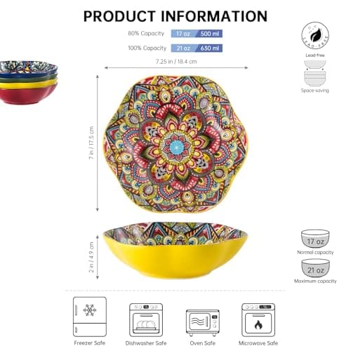 Saladier en porcelaine, Bol à Céréales de 600ml, Bol Multifonction de 4 Piece, Bols pour Salade/Fruits/Pâtes/Céréales - Style Bohème
