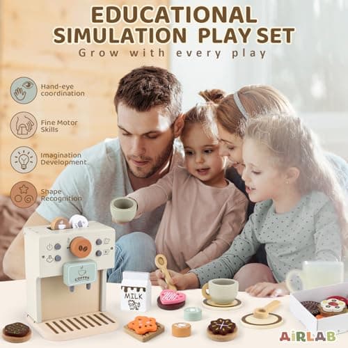 Airlab Cafetière en Bois Bébé, Jouet Jeux de Rôle Éducatif Éveil Montessori, Boulangerie Nourriture Accessoire Dinettes Cuisine, Cadeau Créatif Anniversaire Pâques Halloween Noël Garçon Fille 3+ Ans