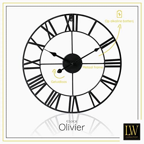 LW Collection Horloge Murale Olivier Noir 40 cm - Grande Horloge Murale avec Chiffres Romains - Horloge Murale Industrielle Silencieuse Moderne - Horloge Silencieuse