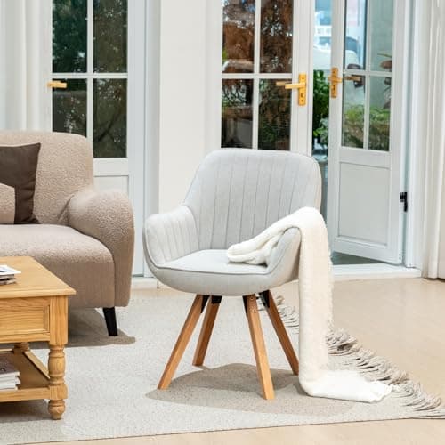 MEUBLE COSY Lot de 6 Chaise Salle à Manger Scandinave Fauteuil Coiffeuse Siège Pivotant avec Accoudoirs pour Chambre Salon Cuisine Bureau, Rembourré en Tissu Pieds en Bois Massif, Beige, 60x58x83cm