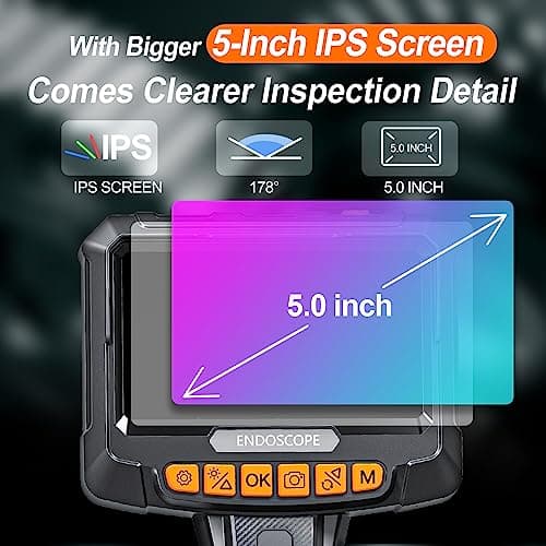 Endoscope Industriel, SGAINUL IPS 5" Pouces Caméra Endoscope Industriel Double Objectif Caméra Endoscopique avec 6+1 LED Réglables, Caméra Etanche IP67, Carte 32 Go