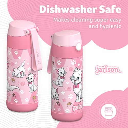 Jarlson - Gourde Enfant INOX - Bouteille Isotherme Enfant 350 ML - Gourdes sans BPA - avec de la Paille - pour l'école, Les Sports et la Maternelle (Chat 2, 350 ML)