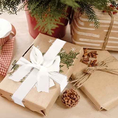 cobee Lot de 2 rouleaux de rubans en mousseline de soie faits à la main avec franges effilochées Ruban bohème pour emballage cadeau, invitations de mariage, arrangement floral -Blanc -3,8 cm x 4,9 m