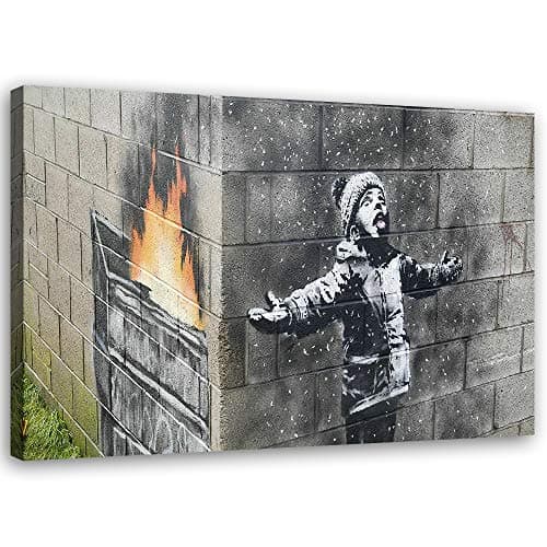Feeby Tableau sur toile XXL Port Talbot Smog Neige 120x80 cm Art Image Deco Banksy Street Art gris