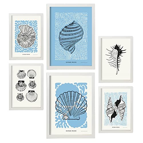 Nacnic Ensemble de 6 affiches à l'encre noire. Fleurs d'iris. Impressions artistiques de la mer et de l'océan pour l'aménagement intérieur et la décoration. A3 et A4, cadres blancs.