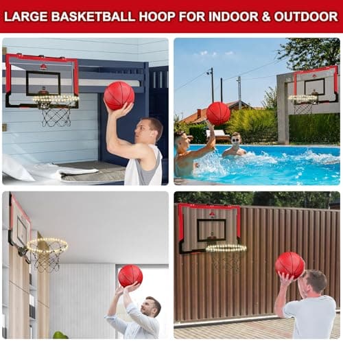 HYES 24" x 16" Panier de Basket Interieur pour Enfants, Panier de Basket avec Scoreboard et éclairage, Panier Basket Chambre avec 2 Ballons, Pompes, Jouet de Sport pour extérieur, Rouge