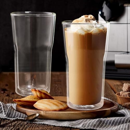 Joeyan 2x500ml Grande Gobelet Double Paroi,Grosse Tasse à Café,Verre a Eau,Mug xxl Transparent, Extra Large Verre Borosilicaté Thermiques, pour Latte macchiato,Thé,Cocktail,Smoothie,Matcha,Biere