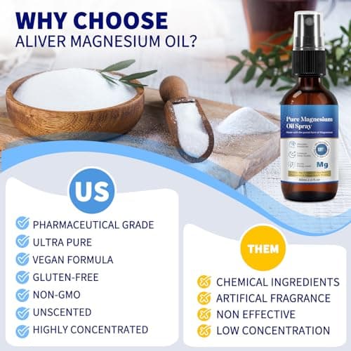 Spray d'huile de magnésium 100% organique et naturel (60ml), supplément de magnésium pour le corps, Spray d'huile de magnésium pur, Spray de magnésium pour les articulations, sans gluten