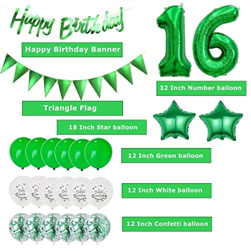 Vert Décoration 16 anniversaire, Ballon Décoration 16 ans anniversaire, Vert Décoration gâteau anniversaire 16 ans garçon, 16 ans anniversaire garcon fille, Vert Décoration 16 anniversaire ballons