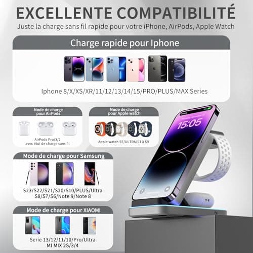 3 en 1 Chargeur sans Fil pour I Phone, Station de Charge sans Fil pour I Phone/16/15/14/13/12/11/Pro/MAX/Plus/X/XR/pour Apple Watch Series 10/9/Ultra 2/8/7/SE, Support de Charge Pliable