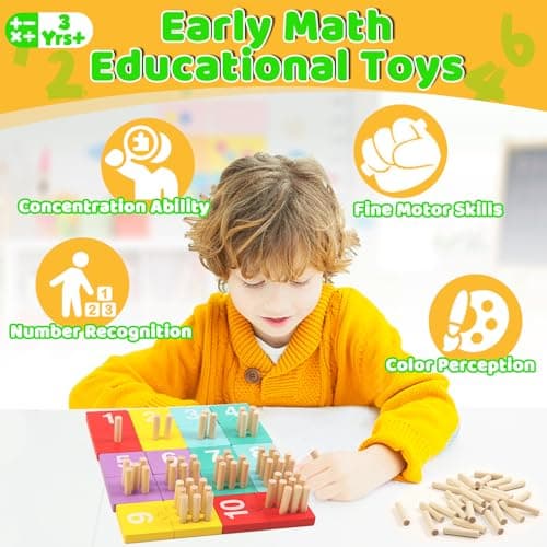 TEUVO Montessori Jouet Apprendre a Compter Jeux Educatif Enfants 1 2 3 4 5 Ans, Apprendre les Couleurs Bois Mathématiques Jouets Numérique Counting Block Motricité Fine Précoce Mathématiques Apprendre