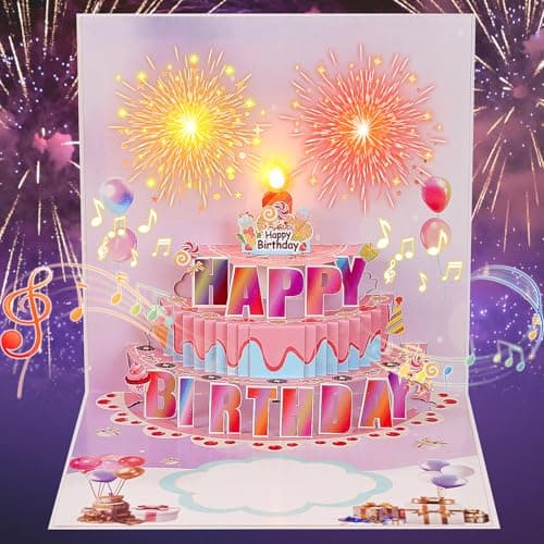 joyoldelf Carte Anniversaire Musicale Pop Up - Carte de Voeux 3D Avec LumièRes, Enveloppe Incluse, Joyeux Cadeaux d'Anniversaire Pour Les Femme Homme Garcon Fille Enfant Maman Amie(Violet)