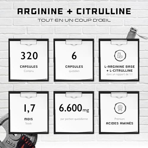 L-Arginine + L-Citrulline - 320 gélules - 1100 mg par gélule - Citrulline + Arginine Base en ratio 1:1 - Acides aminés de qualité supérieure