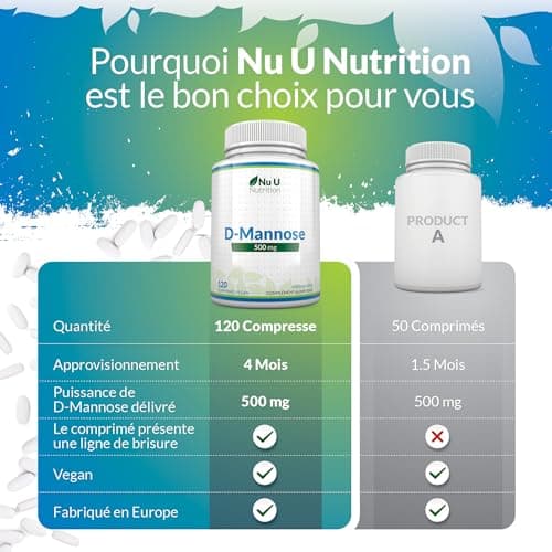 D-Mannose 500mg - 120 Comprimés Végétaliens - 4 Mois - Forte Puissance - Sans Allergènes - Pas de Gélules ni de Poudre de D Mannose - Nu U Nutrition