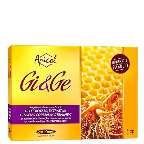 Gelée Royale et Ginseng - Apicol GI&GE 20 fioles | Gelée royale, d’extrait de Ginseng Coréen et de Vitamine C | Favorise la Vitalité | Api-Nature
