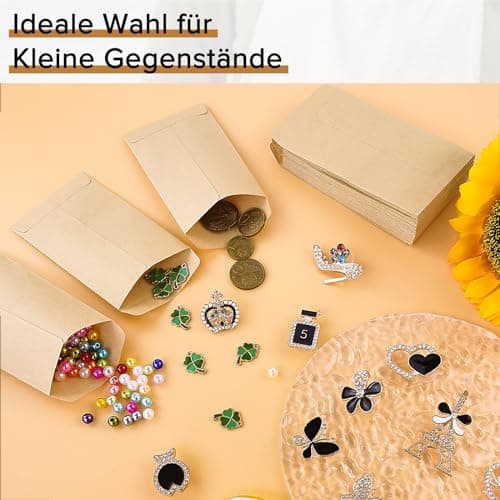 Hengxinchen 200 Pièces Petit Sac Cadeau,Pochette Cadeau avec Autocollants,Mini Sacs en Papier Kraft,pour Cadeaux, Anniversaires, Mariages,Noel Fêtes,Halloween(Marron,6 * 10cm)
