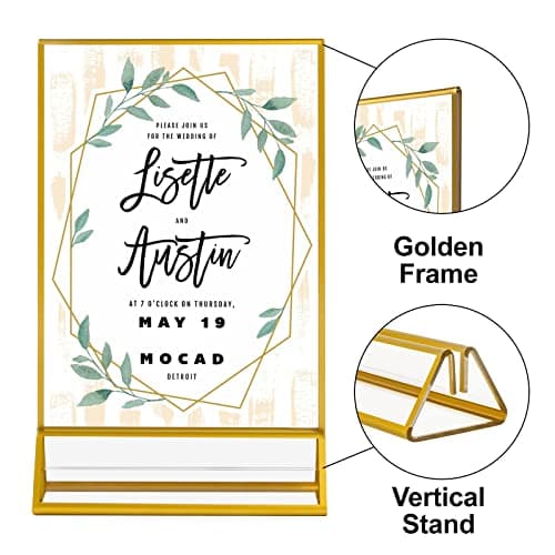 Porte-panneaux en or Acrylique 10x15cm, 4x6'' Cadres d'images Claires avec Bordures Dorées et Support Vertical, Support de Menu de Table Double Face pour les Numéros de Table de Mariage, Lot de 6