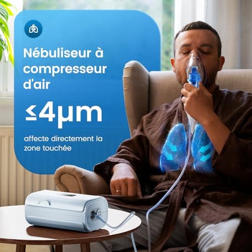 Nébuliseur à Ultrasons à Compresseur Silencieux - Nébuliseur Inhalateur Portable Puissance, Adapté Aux Enfants et Aux Adultes, Avec Tuyau Respiratoire et 2 Masques, Vitesse de Nébulisation Réglable