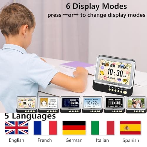 LEMNOI 7 Pouces Horloge Numérique,Calendrier Electronique avec Jour Date Heure, Pendule Murale Alzheimer avec Température,15 Alarmes&Rappels de médicaments,Automatique de L’Heure D’été (Noir)