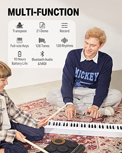 Donner DP-06 Piano à Clavier Pliable Pour Débutants, Clavier de Piano Portable 61 Touches, Clavier de Piano Électrique Numérique avec Bluetooth, Blanc