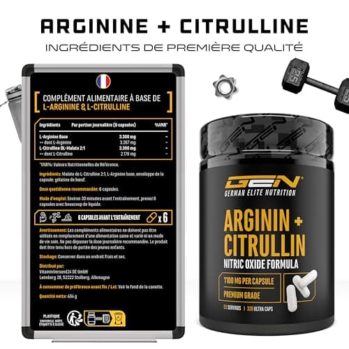 L-Arginine + L-Citrulline - 320 gélules - 1100 mg par gélule - Citrulline + Arginine Base en ratio 1:1 - Acides aminés de qualité supérieure