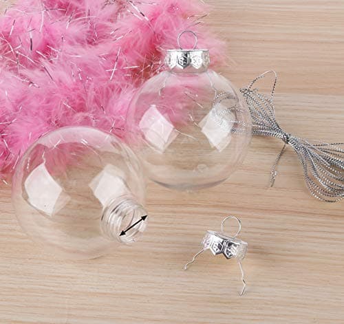 ilauke 12 Boules de Noël en Plastique Transparent à Remplir,8cm Boule Noel Transparente avec 2m Plume Rose+2m Corde,Ronde Acrylique Remplissable Boule pour Arbre de Noël Décoration Intérieur Extérieur