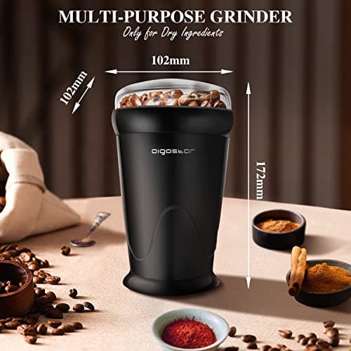 Aigostar Moulin à Café Électrique, Moulin à Épices Avec Lame En Acier Inoxydable, Moulin Multifonctionnel pour Moudre Grains à Café, Épices, Graine, Capacité de 60 gr, 150W, Noir