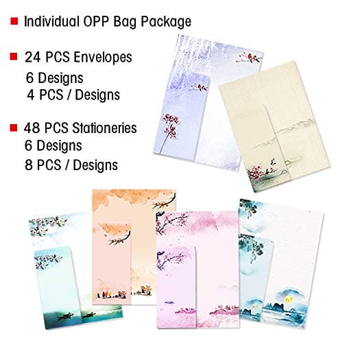 48 Feuilles Papier à Lettre - 24 pièces Enveloppes Auto-adhésives, pour imprimante, 6 assortis Style japonais