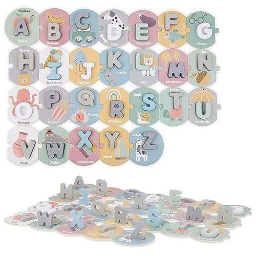 Mamabrum, Puzzle Alphabet en Bois, 26 Lettres en Bois, 26 Puzzles en Carton, Support pédagogique pour l'apprentissage de l'alphabet, Reconnaissance des Lettres, Couleurs Pastel