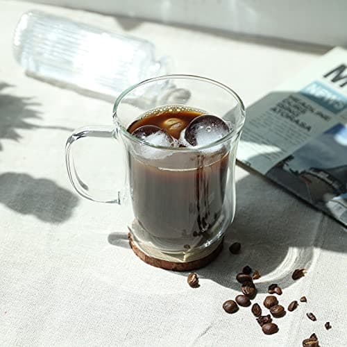 Lot de 2 Verres à Double Paroi 250ml - Verres à Cappuccino avec Poignée - Tasse à Café en Verre Borosilicate pour Thé, Lattes, Jus et Eau - Cuillères en Verre Incluses