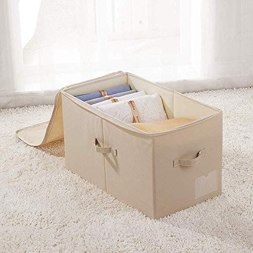 56 * 33 * 32 cm, Grandes boîtes de rangement pliantes pour armoires avec couvercle zippé et pochette pour étiquettes, poignées, pour l'organisation des vêtements et de la literie, beige