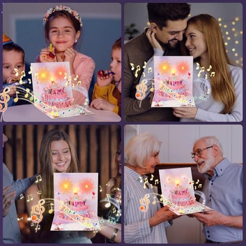 joyoldelf Carte Anniversaire Musicale Pop Up - Carte de Voeux 3D Avec LumièRes, Enveloppe Incluse, Joyeux Cadeaux d'Anniversaire Pour Les Femme Homme Garcon Fille Enfant Maman Amie(Violet)