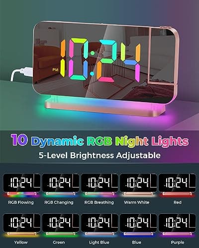 SZELAM Réveil à projection, 18,8 cm avec miroir LED, horloge numérique à projection sur mur de plafond, avec veilleuse RVB, port de charge USB C, gradation automatique, horloge de bureau moderne pour