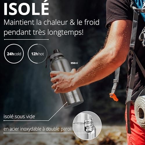 Gourde Inox Isotherme ACTIVE FLASK 1l/500ml sans BPA + Paille (3 Bouchons) | Bouteille d’eau Acier Inoxydable Isolée, Thermos Réutilisable | Camping Velo Sport Running Randonnée Enfant, Café The