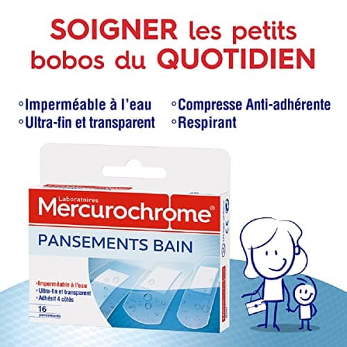 MERCUROCHROME Pansements Bain - Résistant à l'eau, Ultra-Fin - 16 unités | Marque N°1 des Premiers Soins, Transparents et Discret, Imperméable, Protection Optimale, 3 Tailles, Adultes/ Enfant +1ans