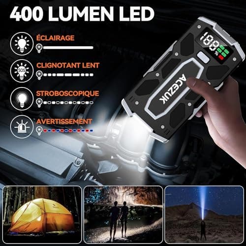 ACEZUK Booster Batterie Voiture 5000A, Démarreur de Batterie de Voiture Portable(Jusqu'à 8.0L Diesel ou 10.0L Gaz), 12V Jump Starter, Pinces Intelligentes avec Écran, Lumière LED, Port de QC3.0