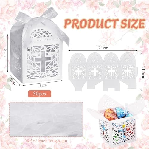 HEKOBAG 50 Pièces Boites à Dragées, Boîte à Bonbon Mariage avec 50 Rubans, Boîte Cadeau Mariage, Petite Boîte Emballage Cadeau pour Mariage, Communion, Baptême, Baby Shower, Noël (5x5x8cm)