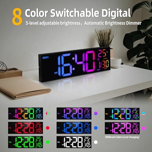 HAITANG Horloge Murale numérique 8 Couleurs, Grande Horloge numérique de 41,1 cm avec température, Date, Heure d'été Automatique, veilleuse, variateur de luminosité Automatique, Horloge Murale 24/12