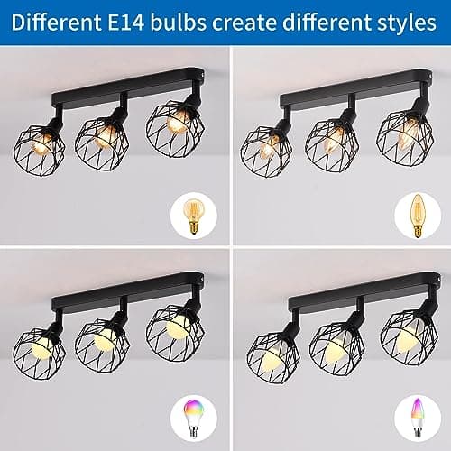 ANWIO Plafonnier Spots, 3 Spots de Plafond Led Intérieurs Base E14, Spots de Plafond Noirs avec Base Rectangulaire, Spots de Plafond LED Rotatifs (Sans Ampoules).